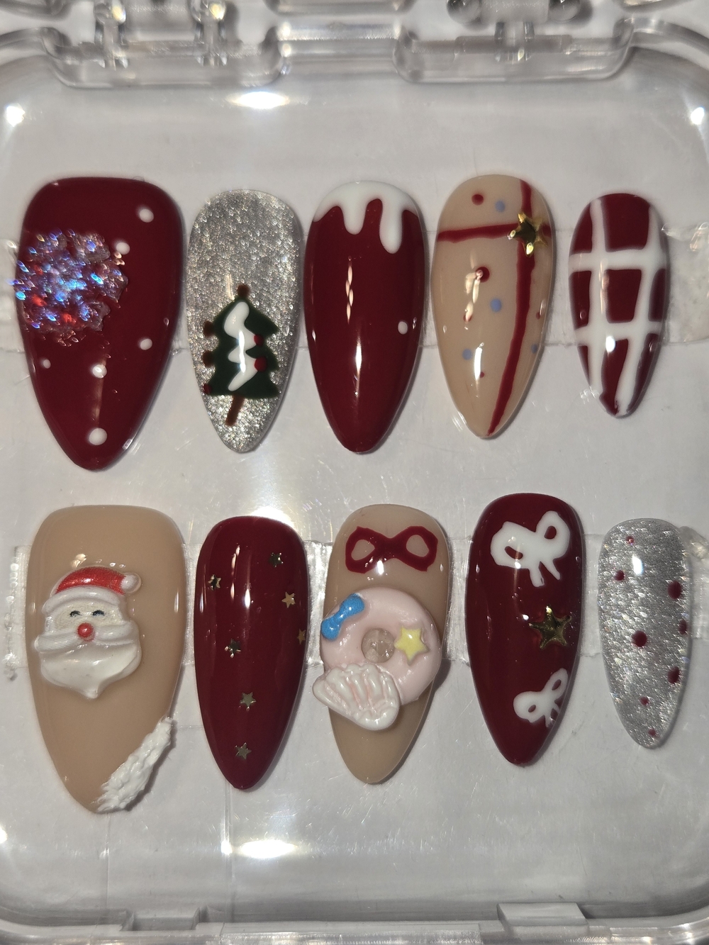 Hand Crafted Burgundy, Nude & Silver Holiday Press-On Nail Set